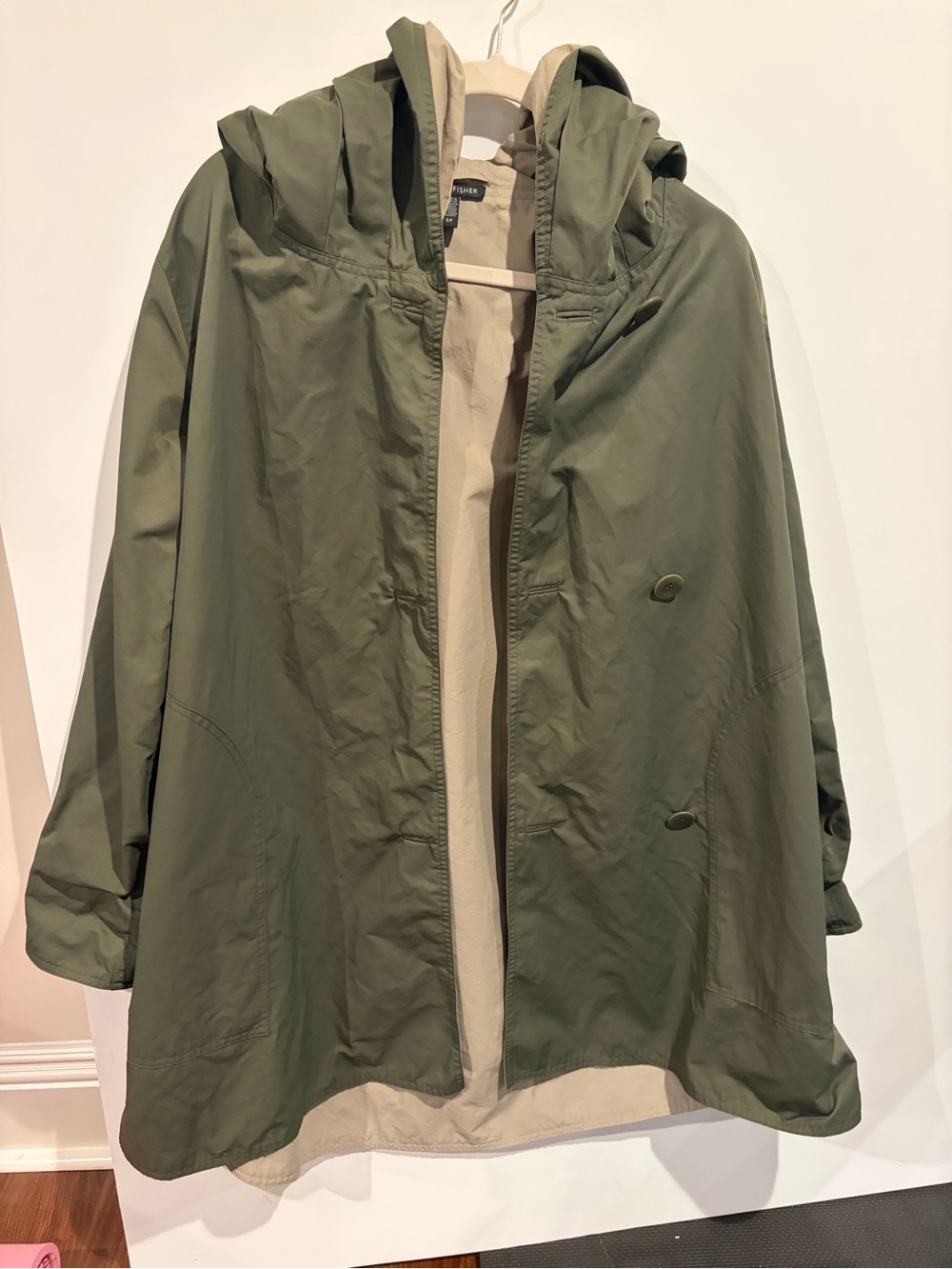 Eileen Fisher Reversible Olive Hooded Trench Coat with Beige Lining